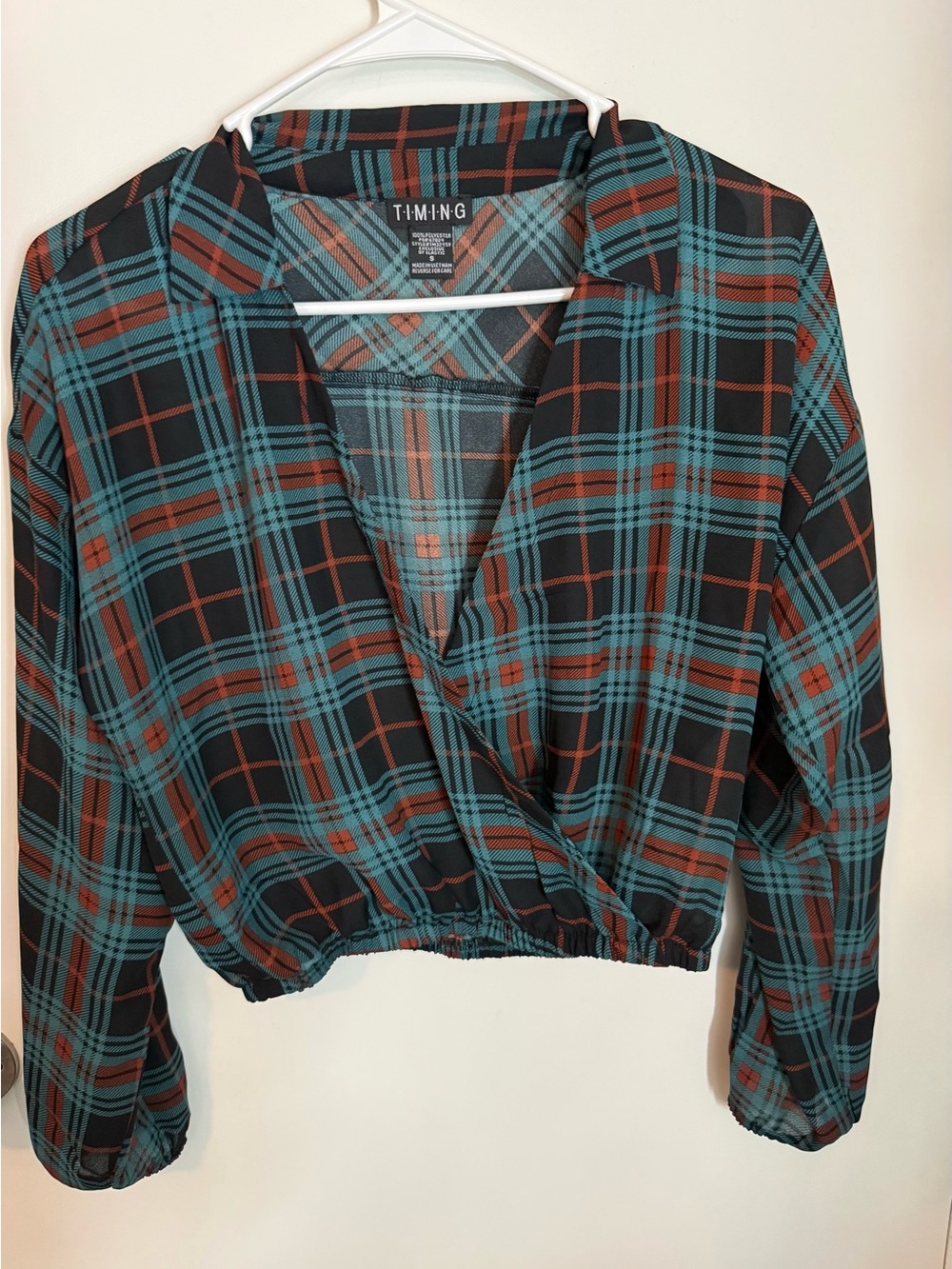 Teal and Rust Plaid Wrap-Front Blouse